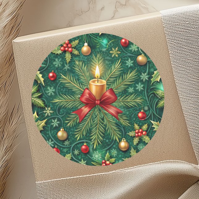 Green Pattern Gold Candle Poinsettia Flower Runder Aufkleber (Von Creator hochgeladen)