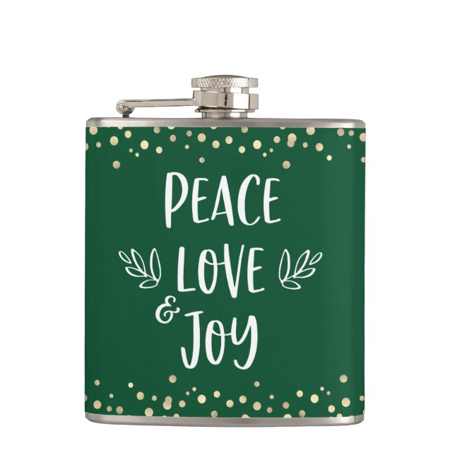 Green Peace Liebe Joy Modern Typografy Gold Dots Flachmann (Vorderseite)