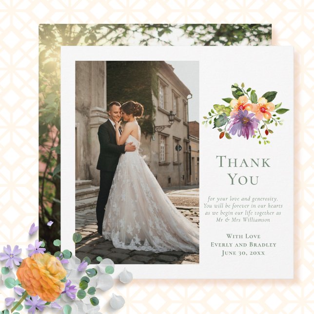 Green Peach Lila Floral Foto Hochzeit Vielen Dank Einladung (Von Creator hochgeladen)