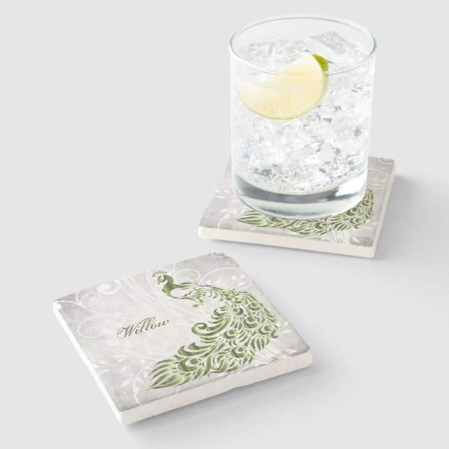 Green Peacock Personalisiert Stone Untersetzer (Seitenansicht)