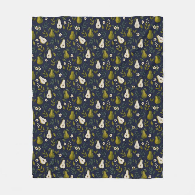 Green Pear Watercolor Pattern on Dark Blue  Fleecedecke (Vorderseite)