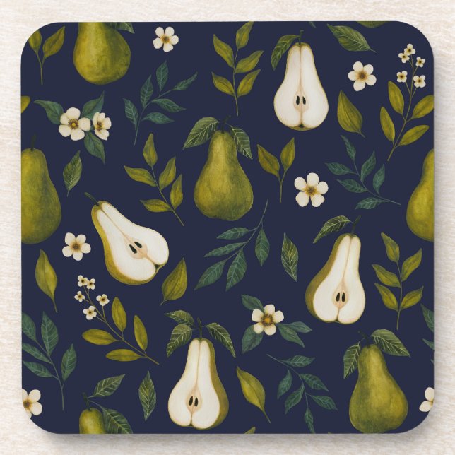 Green Pear Watercolor Pattern on Dark Blue  Getränkeuntersetzer (Vorderseite)