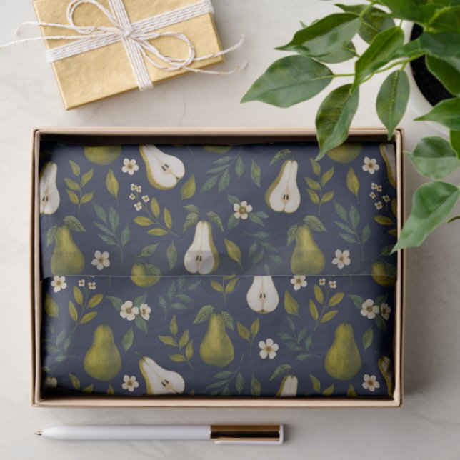 Green Pear Watercolor Pattern on Dark Blue  Seidenpapier (Geschenk)