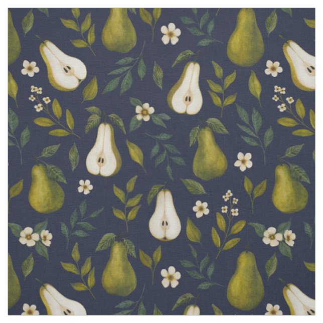 Green Pear Watercolor Pattern on Dark Blue  Stoff (Muster)