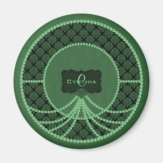 Green Pearl Damask Round Magnet (Vorne)