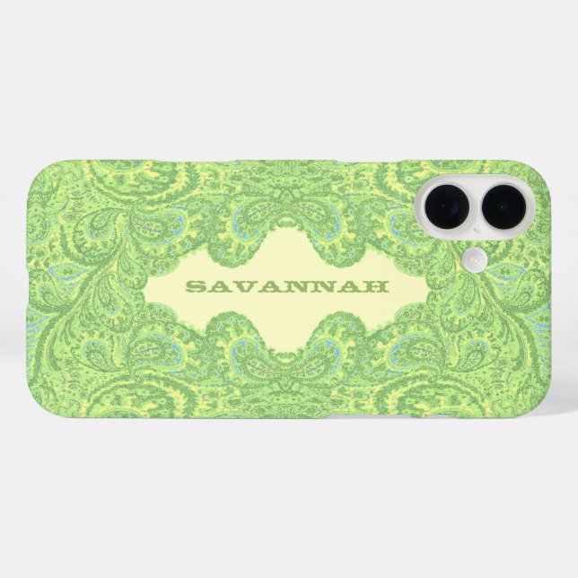 Green Personalisiert Damask iPhone Cover- iPhone 16 Plus Hülle (Rückseite (Horizontal))