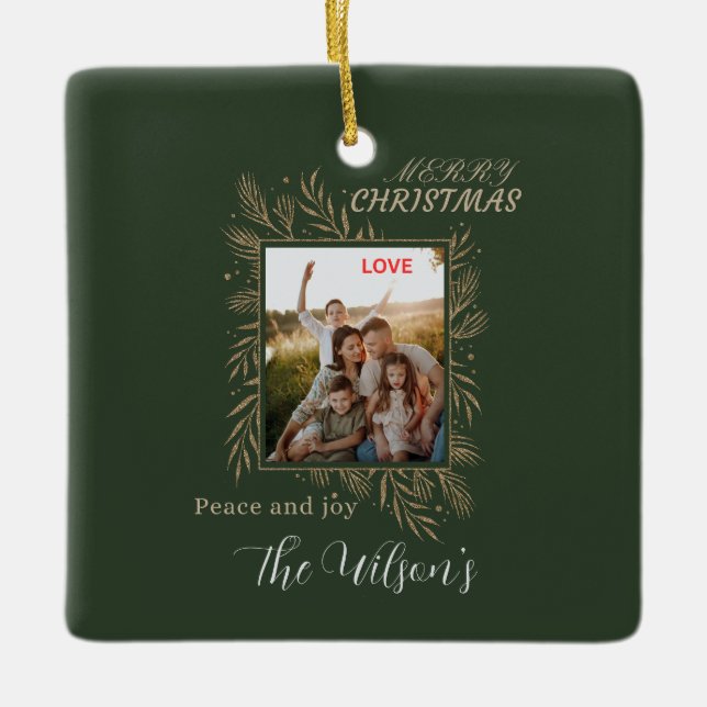 Green personalized family photo name keramikornament (Vorderseite)