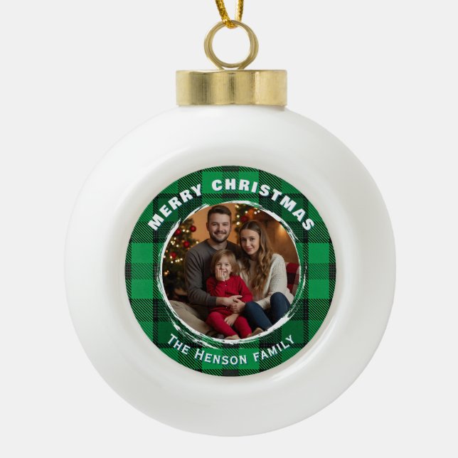 Green Personalized Family Photo Plaid Pattern  Keramik Kugel-Ornament (Vorderseite)