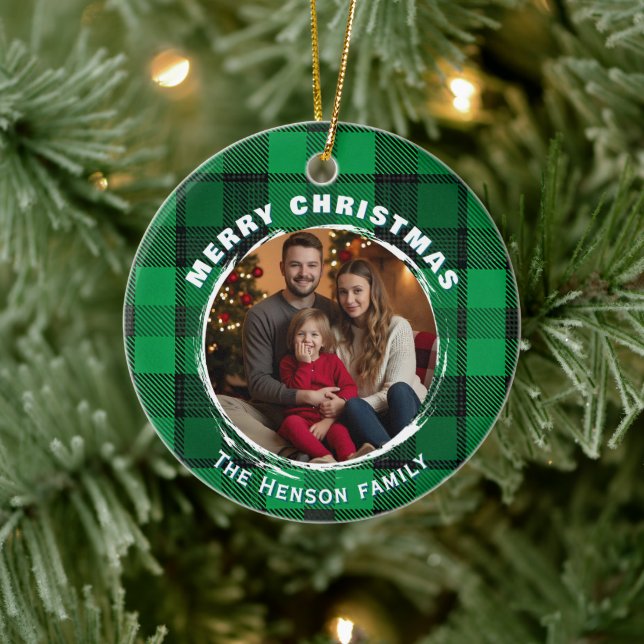 Green Personalized Family Photo Plaid Pattern  Keramik Ornament (Baum)