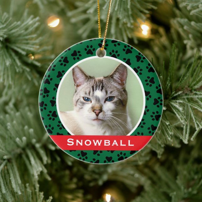 Green Pet Paw druckt Personalisiertes Cat Name Fot Keramik Ornament (Baum)