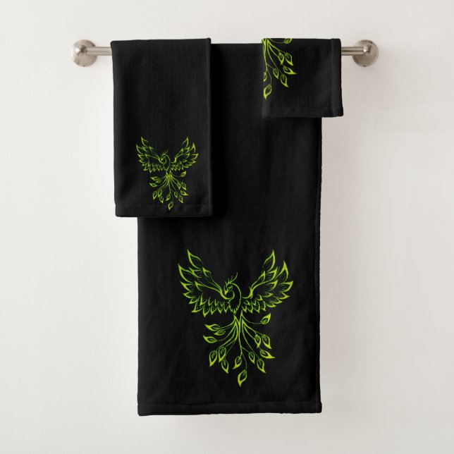 Green Phoenix steigt auf schwarz Badhandtuch Set (Insitu)