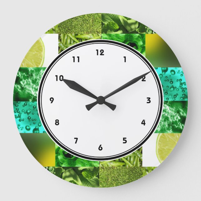 Green Photography Collage wall clock with numbers Große Wanduhr (Vorderseite)