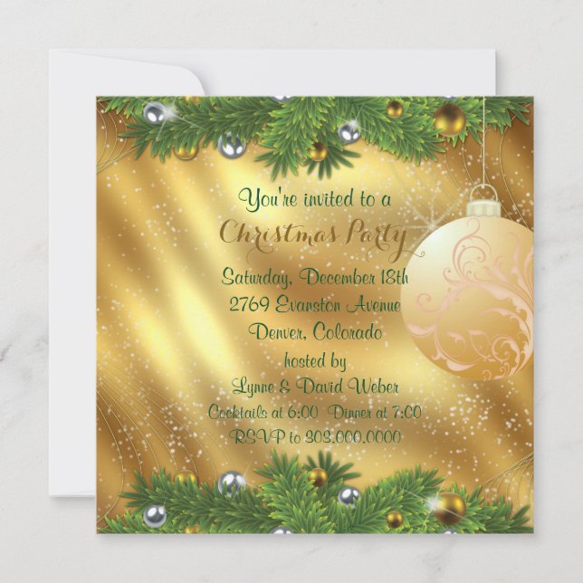 Green Pine Bough Gold Weihnachts-Party Einladung (Vorderseite)