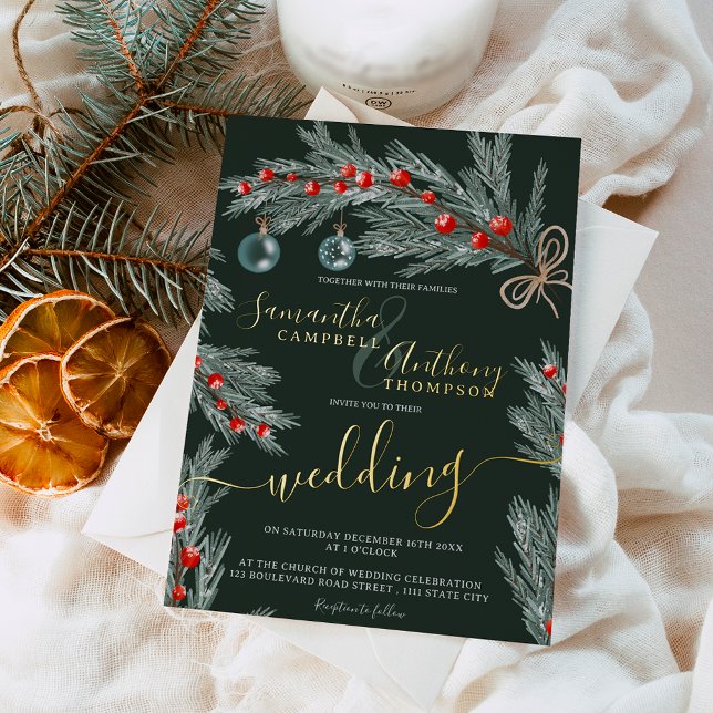 Green pine Christmas winter photo wedding Folieneinladung (Green pine Christmas winter photo wedding Foil Invitation)