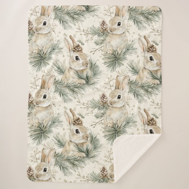 Green Pine Cones Bunny Rabbits Christmas Sherpadecke (Vorderseite)