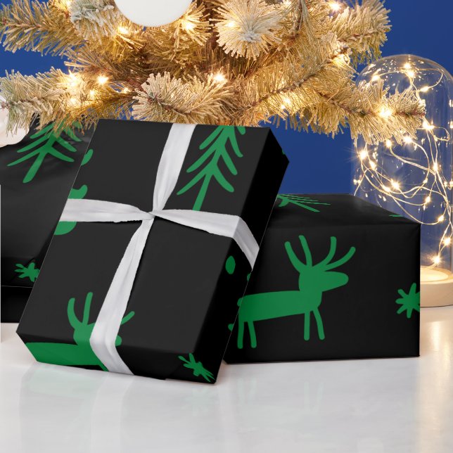 Green Pine Tree Schwarzes Weihnachtsmuster Geschenkpapier (Feiertage)