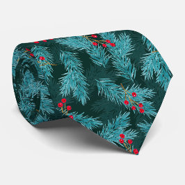 Green Pine Twigs and Red Berries Christmas Pattern Krawatte