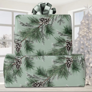 Green Pine White Cones Silver Spruce Garland Sage Geschenkpapier