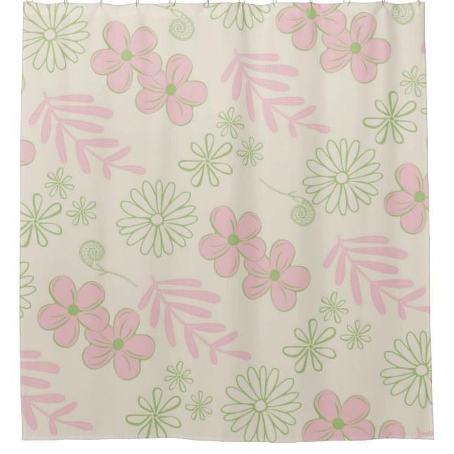 Green Pink Beige Retro Y2K 70er Blume Muster Duschvorhang (Vorderseite)