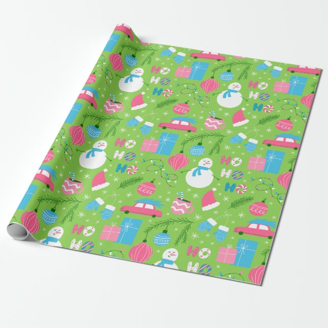 Green Pink Blue Snowmen Ornament Weihnachtsfeierta Geschenkpapier (Ungerollt)