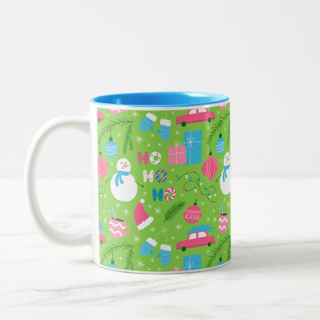Green Pink Blue Snowmen Ornament Weihnachtsfeierta Zweifarbige Tasse (Links)