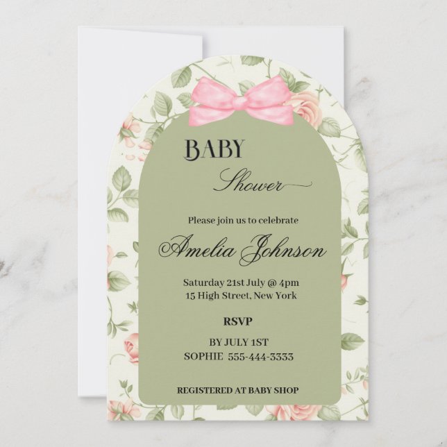 Green Pink Blume & Bow Girl Babydusche Einladung (Vorderseite)