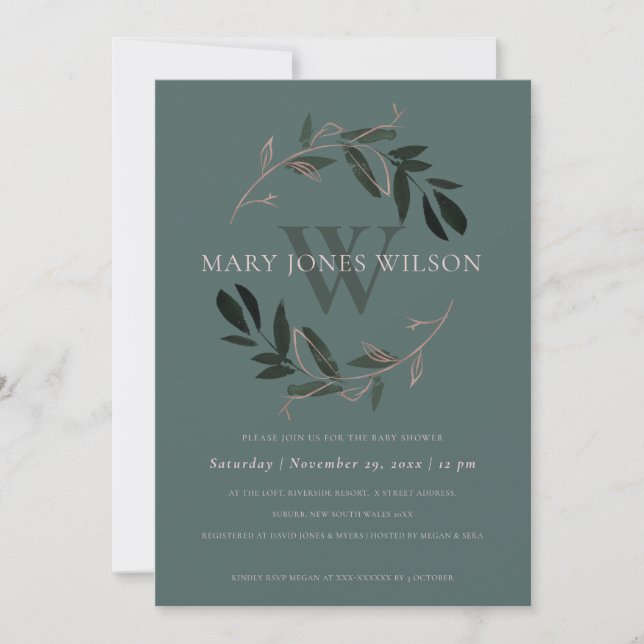 GREEN PINK BLUSH FOLIAGE WREATH BABY SHOWER CARD DANKESKARTE (Vorderseite)
