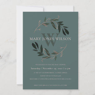 GREEN PINK BLUSH FOLIAGE WREATH BABY SHOWER CARD DANKESKARTE