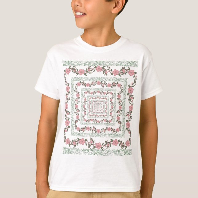 Green Pink Border Retro Y2K 70er Blume Muster T-Shirt (Vorderseite)