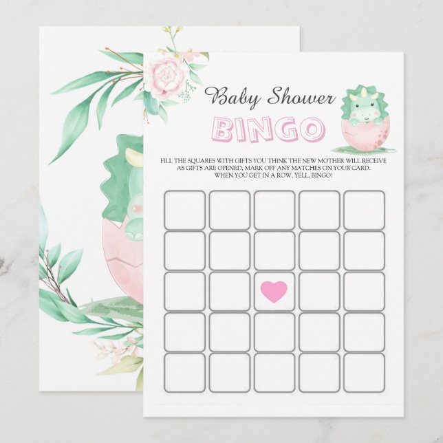 Green Pink Dinosaur Peony Baby Showkarte (Vorne/Hinten)