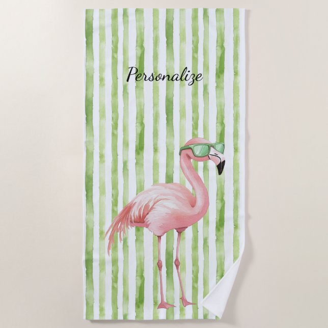 Green Pink Flamingo Strandtuch (Vorderseite)