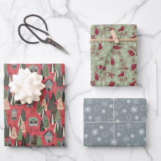 Green Pink Grey Christmas Forest Village Geschenkpapier Set