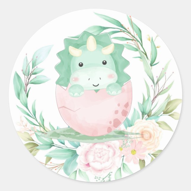 Green Pink Niedlich Dinosaur Babydusche Runder Aufkleber (Vorderseite)