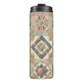 Green Pink Patchwork Quilt Rustic Retro Boho Thermosbecher