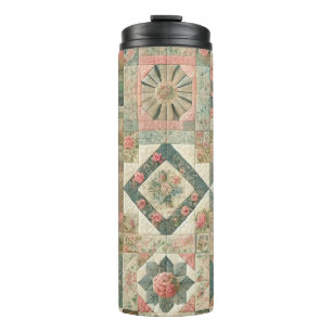 Green Pink Patchwork Quilt Rustic Retro Boho Thermosbecher