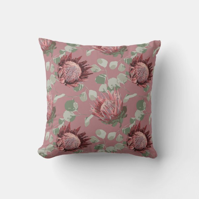 Green & Pink Protea auf rosa Akzent Kissen (Vorderseite)