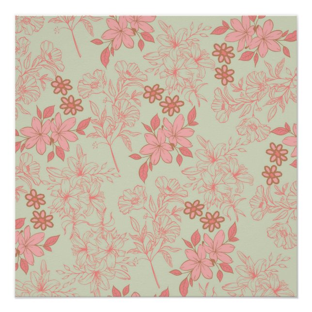 Green Pink Retro Y2K 70er Blume Muster Poster (Vorderseite)