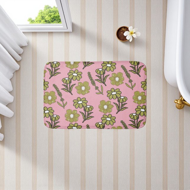 Green Pink Retro Y2K Funky Hippie Blume Muster Badematte (Green Pink Retro Y2K Funky Hippie Flower Pattern Bath Mat)