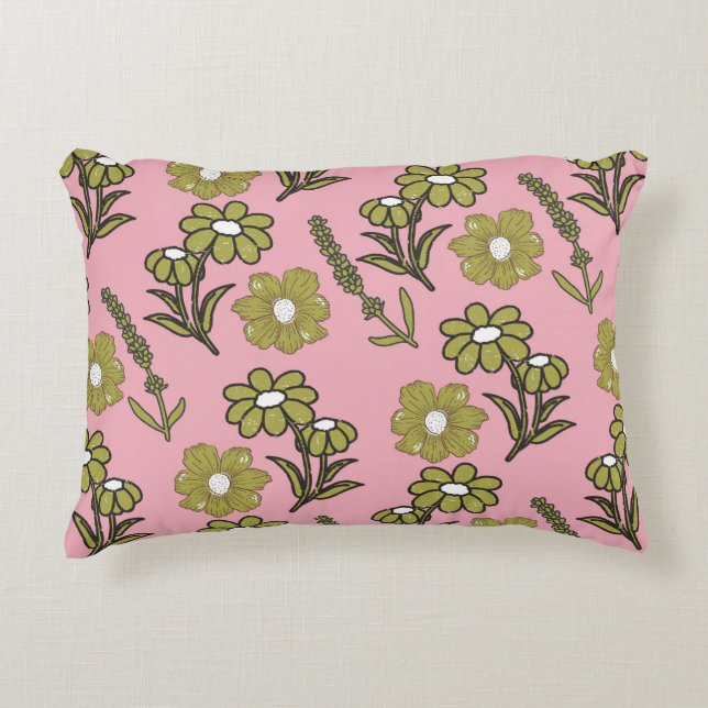Green Pink Retro Y2K Funky Hippie Blume Muster Dekokissen (Vorderseite)