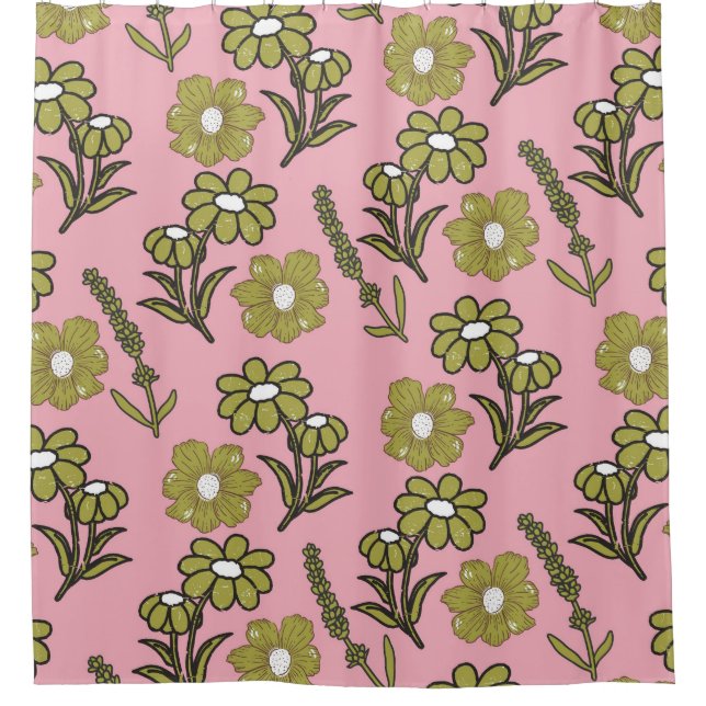 Green Pink Retro Y2K Funky Hippie Blume Muster Duschvorhang (Vorderseite)