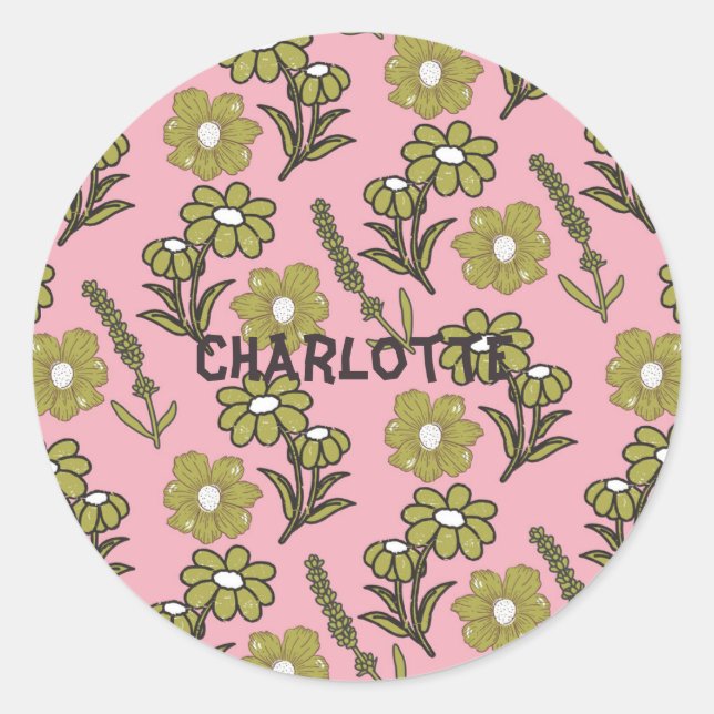 Green Pink Retro Y2K Funky Hippie Blume Muster Runder Aufkleber (Vorderseite)