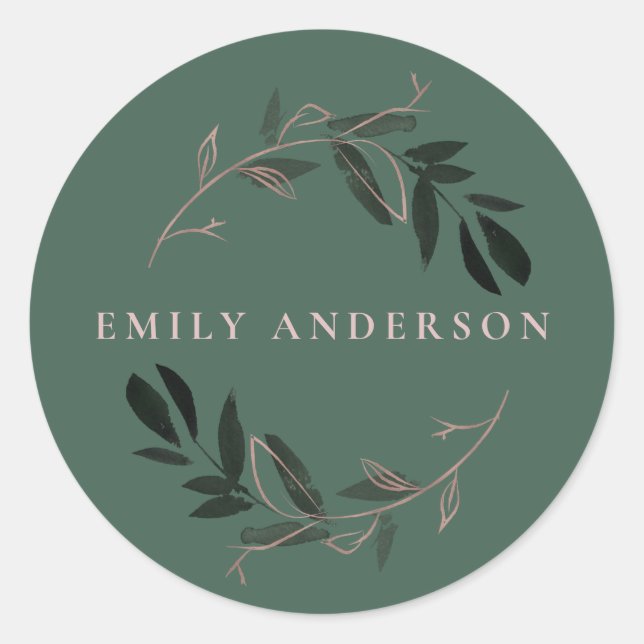 GREEN PINK ROSE GOLD FOLIAGE WREATH BERUFLICH RUNDER AUFKLEBER (Vorderseite)