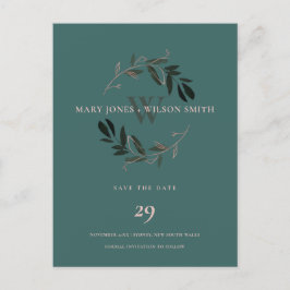 GREEN PINK ROSE GOLD FOLIAGE WREATH SAVE THE DATE ANKÜNDIGUNGSPOSTKARTE