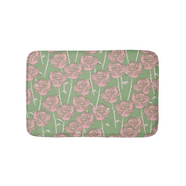 Green Pink Rose Retro Y2K 70er Blume Muster Badematte (Vorderseite)