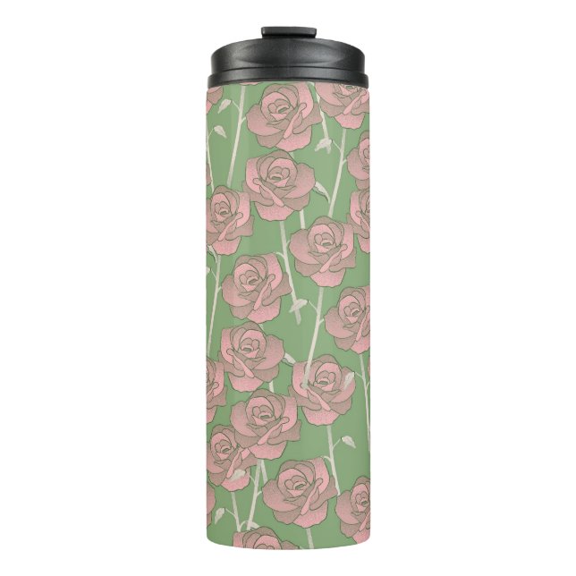 Green Pink Rose Retro Y2K 70er Blume Muster Thermosbecher (Vorderseite)