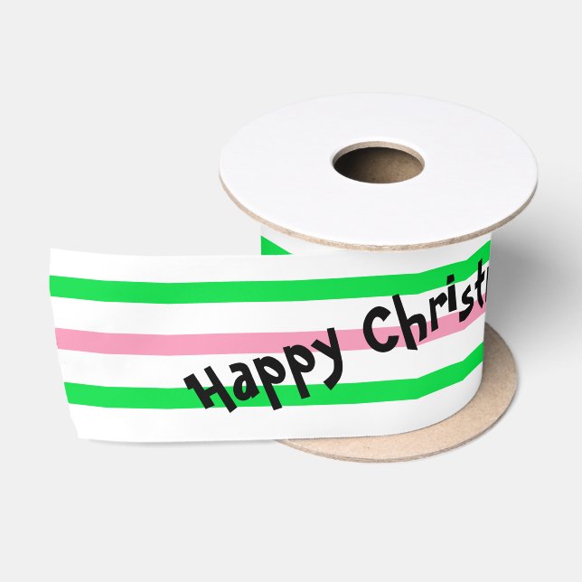 Green Pink Stripe Frohes Weihnachten Satinband (Spule)