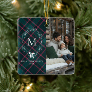 Green & Pink Tartan Coquette Bow Monogram Keramikornament