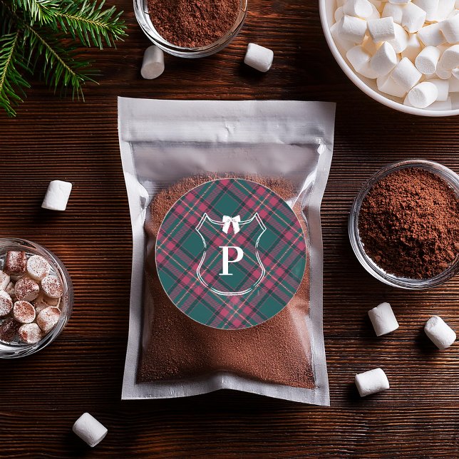 Green & Pink Tartan | Custom Monogram Holiday Runder Aufkleber (Von Creator hochgeladen)