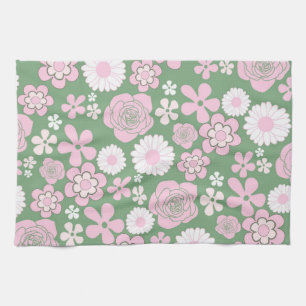 Green Pink White Retro Y2K 70er Blume Muster Geschirrtuch