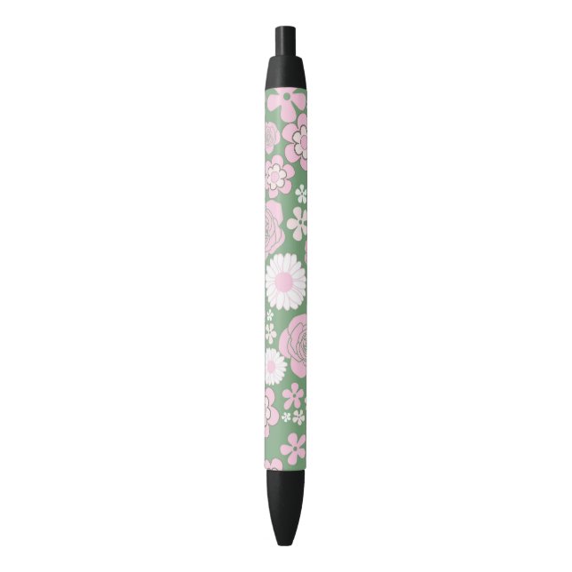 Green Pink White Retro Y2K 70er Blume Muster Kugelschreiber (Vorderseite Vertikal)